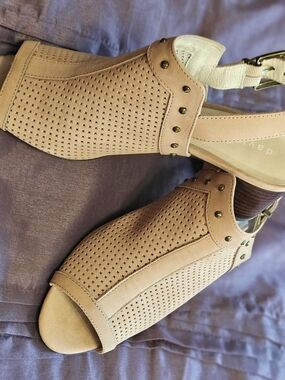 David Tate Perforated Peep-Toe Sandal in Taupe